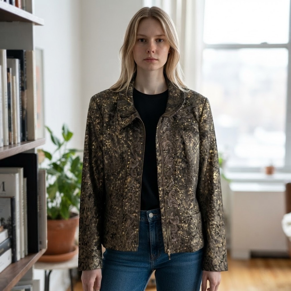 Reba Snakeskin Print Jacket Womens Medium Brown Gold Studded Western Zip Up